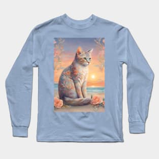 Floral Pastel Cat With Beach Sunset Long Sleeve T-Shirt